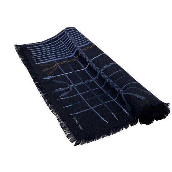 Auth HERMES Carre 90 - Dark Navy Light Blue Multi Cashmere Silk Scarf - Picture 1 of 8